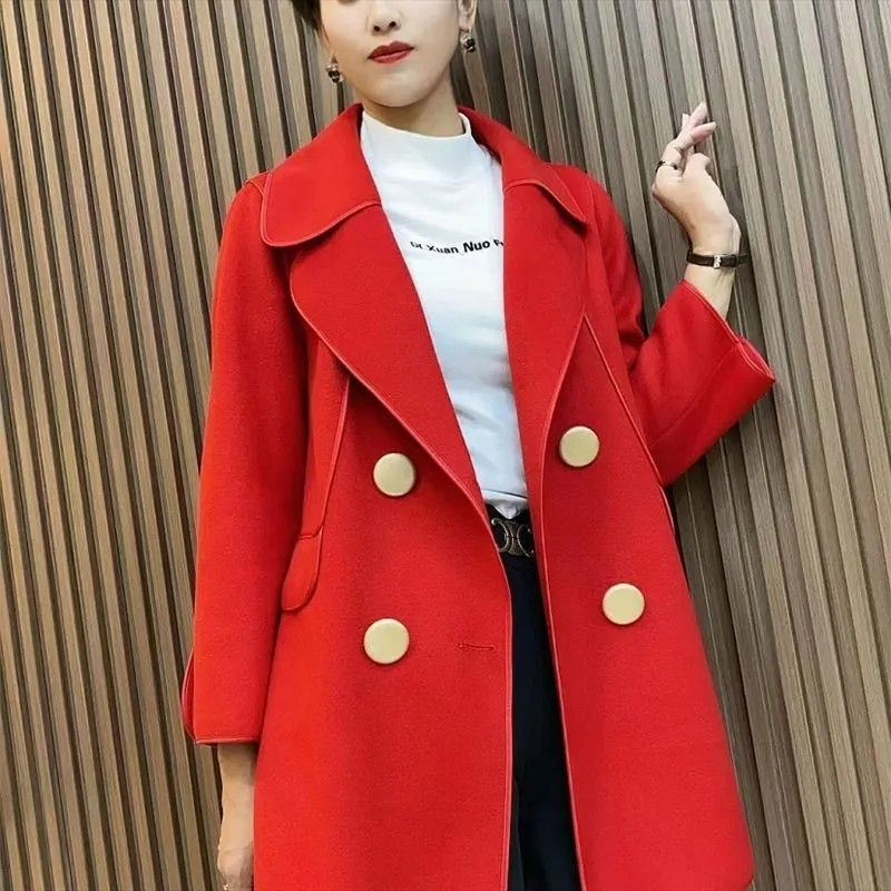 2023. gada jauns, ar rokām savienots vilnas mētelis Vidēji gara kašmira jaka, melna brīva 4XL sieviešu pavasara rudens augstākās klases vilnas mētelis Lady Vintag