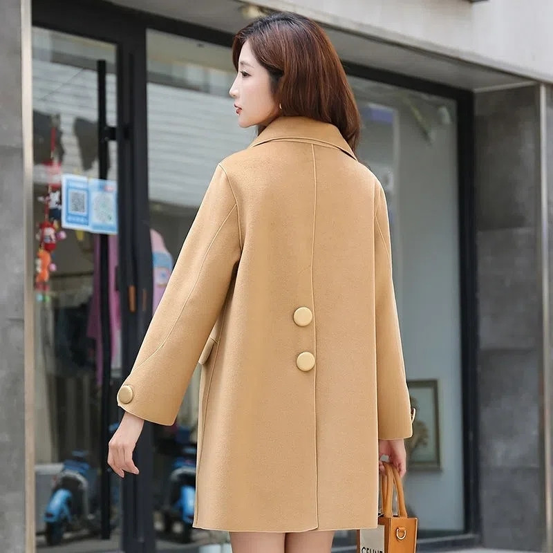 2023. gada jauns, ar rokām savienots vilnas mētelis Vidēji gara kašmira jaka, melna brīva 4XL sieviešu pavasara rudens augstākās klases vilnas mētelis Lady Vintag