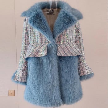 KBAT Γαλλικό Vintage Μικρό άρωμα Tweed μπουφάν Χειμερινό χνουδωτό ψεύτικο γούνινο παλτό Γυναικεία μόδα Ζεστό γυναικείο παλτό γούνινο μπουφάν