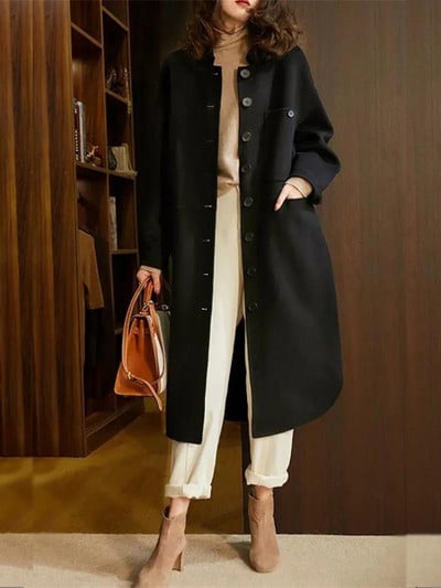 2023 m. naujas moteriškas paltas, temperamentas, tankintas vilnonis audinys, žieminis vidutinio ilgio, paprasti išskirtiniai paltai, skirti elegantiškiems moteriškiems paltams