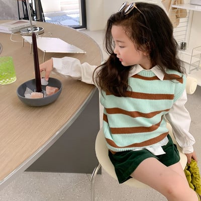 Vestă tricotată pentru fete de primăvară și toamnă, cu decolteu în V, pulover fără mâneci, îmbrăcăminte exterioară, pulover pentru copii, vestă largi DT545