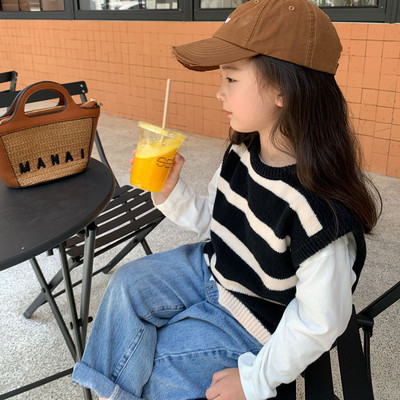 Vestă tricotată pentru fete de primăvară și toamnă, cu decolteu în V, pulover fără mâneci, îmbrăcăminte exterioară, pulover pentru copii, vestă largi DT545