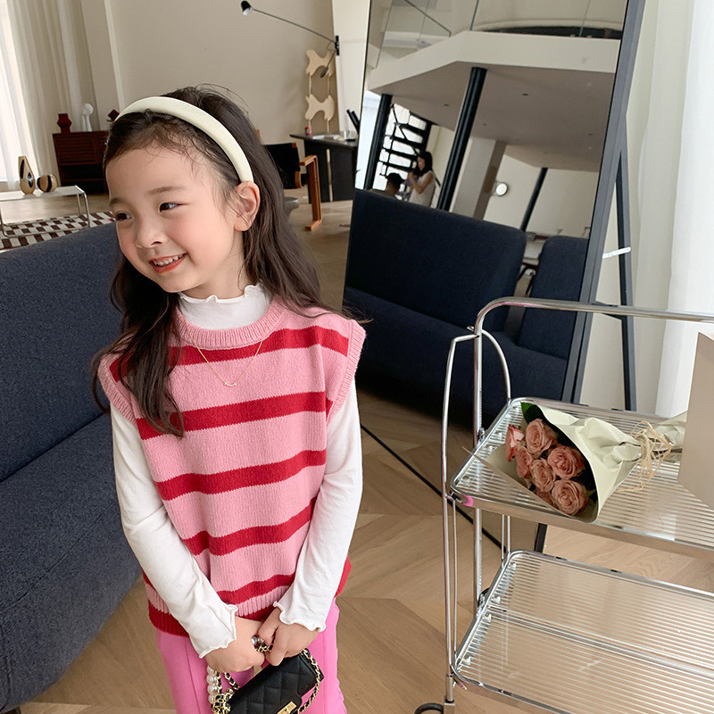 Vestă tricotată pentru fete de primăvară și toamnă, cu decolteu în V, pulover fără mâneci, îmbrăcăminte exterioară, pulover pentru copii, vestă largi DT545