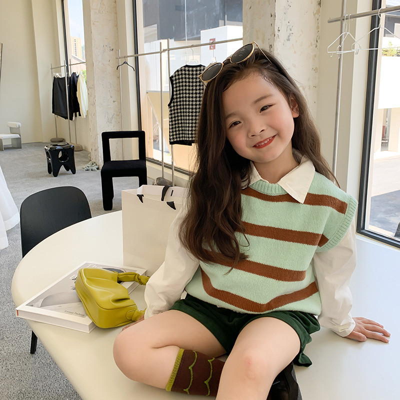 Vestă tricotată pentru fete de primăvară și toamnă, cu decolteu în V, pulover fără mâneci, îmbrăcăminte exterioară, pulover pentru copii, vestă largi DT545