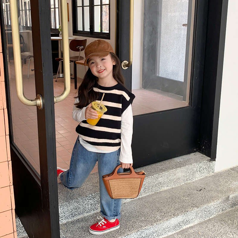 Vestă tricotată pentru fete de primăvară și toamnă, cu decolteu în V, pulover fără mâneci, îmbrăcăminte exterioară, pulover pentru copii, vestă largi DT545