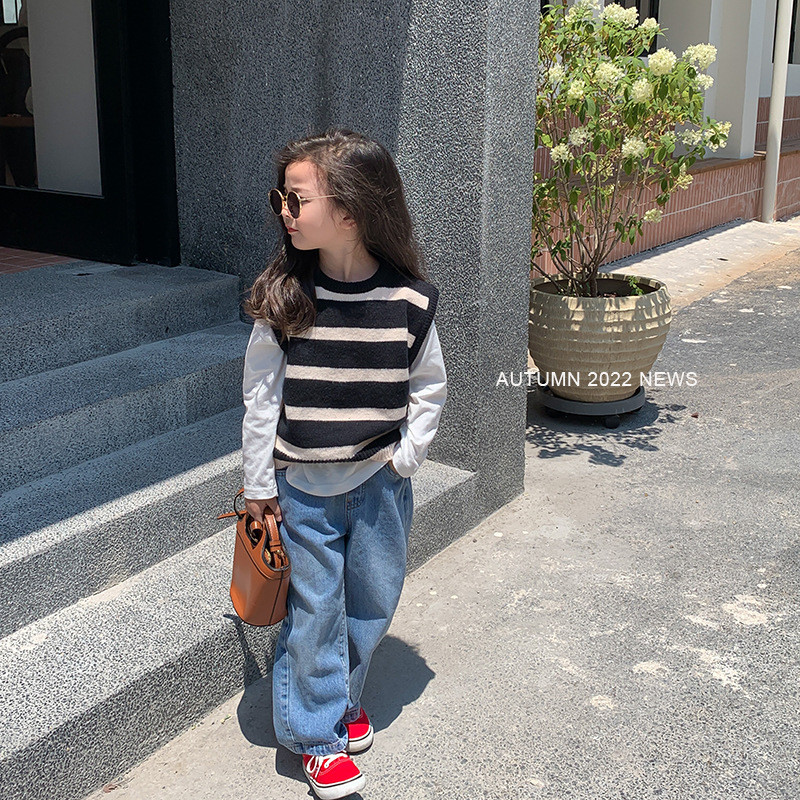 Vestă tricotată pentru fete de primăvară și toamnă, cu decolteu în V, pulover fără mâneci, îmbrăcăminte exterioară, pulover pentru copii, vestă largi DT545