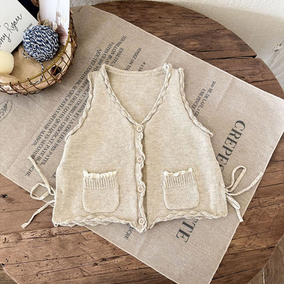 Vestă tricotată pentru fete vintage, în stil coreean, cu decolteu în V, cardigan fără mâneci