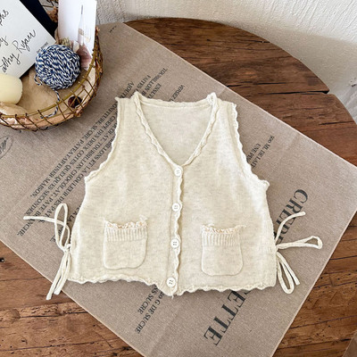 Vestă tricotată pentru fete vintage, în stil coreean, cu decolteu în V, cardigan fără mâneci