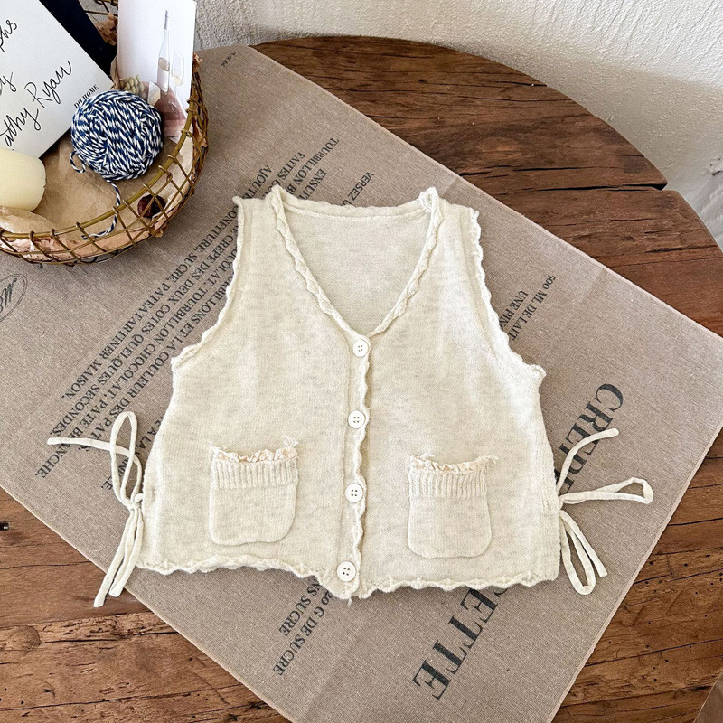 Vestă tricotată pentru fete vintage, în stil coreean, cu decolteu în V, cardigan fără mâneci