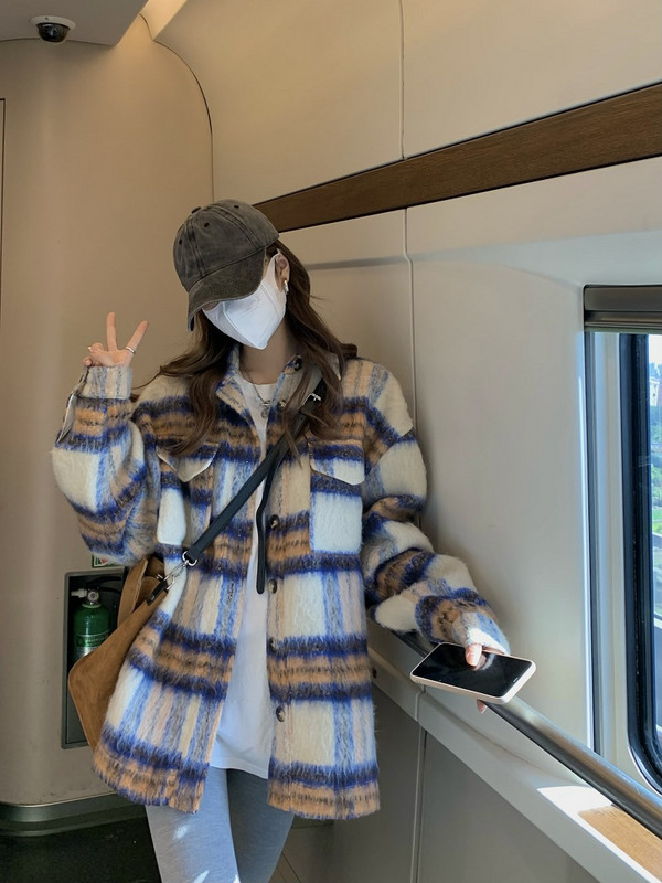 Palton cămașă din lână în carouri femei primăvară și iarnă 2023 nou tendință retro largi și versatilă de lână lungime medie