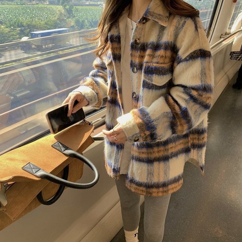 Palton cămașă din lână în carouri femei primăvară și iarnă 2023 nou tendință retro largi și versatilă de lână lungime medie