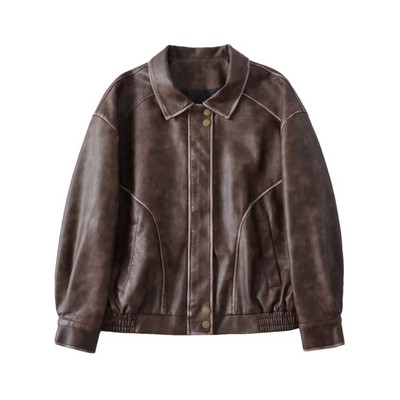 Jesenska ženska vintage labava jakna od pu umjetne kože s velikim džepom, ulična odjeća Ženski šik kratki kaput Gornja odjeća Topovi dugih rukava