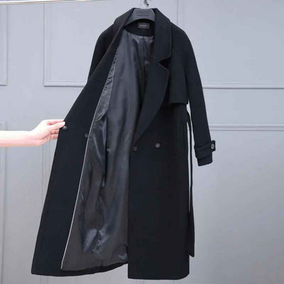 Visokokvalitetni crni dugi kaput od umjetne vune Ženska jesen i zima Debela topla crna vunena jakna Korejska široka, elegantna mješavina vanjske odjeće