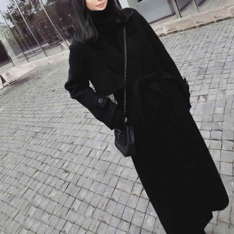 Visokokvalitetni crni dugi kaput od umjetne vune Ženska jesen i zima Debela topla crna vunena jakna Korejska široka, elegantna mješavina vanjske odjeće