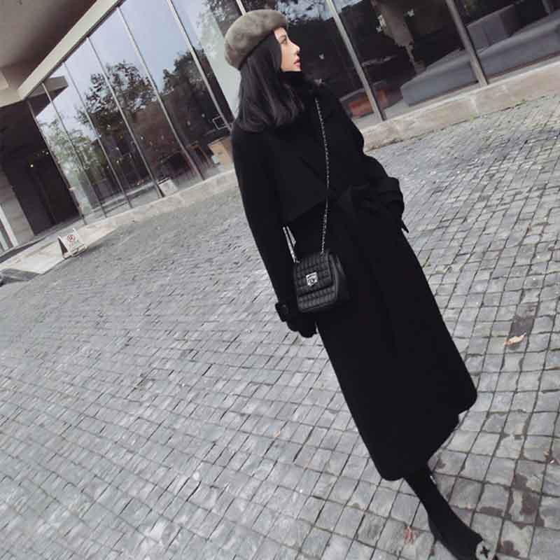 Visokokvalitetni crni dugi kaput od umjetne vune Ženska jesen i zima Debela topla crna vunena jakna Korejska široka, elegantna mješavina vanjske odjeće