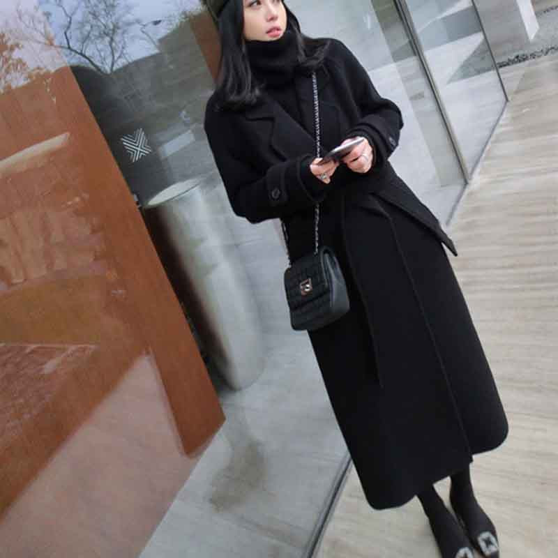 Visokokvalitetni crni dugi kaput od umjetne vune Ženska jesen i zima Debela topla crna vunena jakna Korejska široka, elegantna mješavina vanjske odjeće