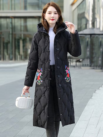 2023 Snow Coat Winter Parka For Women Embroidery Down Jacket Ζεστό casual χαλαρό γυναικείο μπουφάν με κουκούλα βαμβακερό μακρύ πάρκα