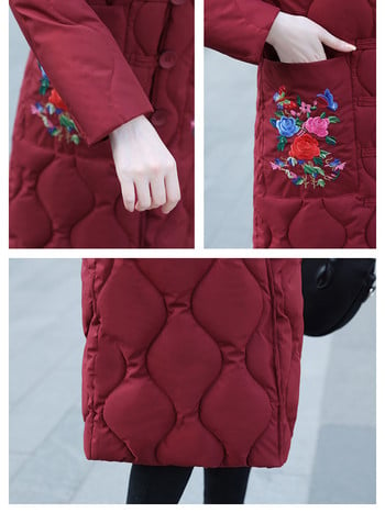 2023 Snow Coat Winter Parka For Women Embroidery Down Jacket Ζεστό casual χαλαρό γυναικείο μπουφάν με κουκούλα βαμβακερό μακρύ πάρκα