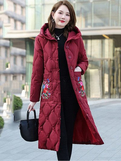2023 Jachetă de zăpadă Parka de iarnă pentru femei Jachetă din puf cu broderie caldă, ocazională, cu glugă, parka lungă căptușită din bumbac