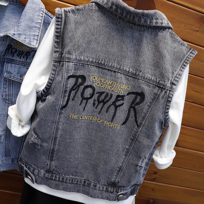 Modna jakna za dječake Jean prsluk Dječja jesenja odjeća za tinejdžere Prsluk s otvorenim ovratnikom Ulični prsluk Hip Hop traper jakna Prsluk