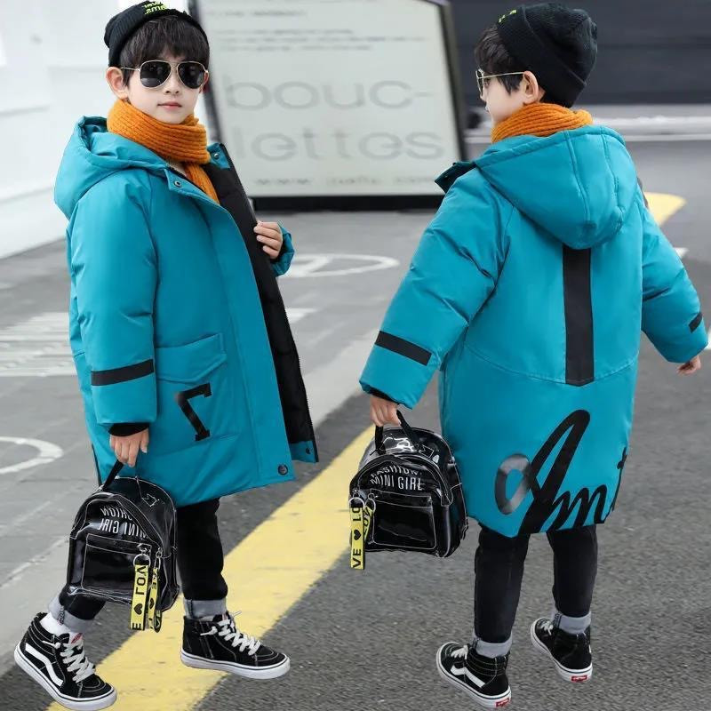 Jachetă de iarnă pentru băieți, 110-160 cm, îmbrăcăminte pentru copii, litera 7 design, haină impermeabilă pentru băiat, cu glugă, pentru copii, haine calde în aer liber