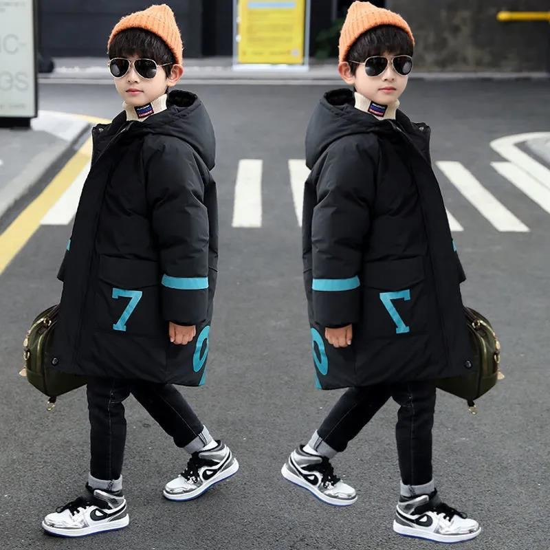 Jachetă de iarnă pentru băieți, 110-160 cm, îmbrăcăminte pentru copii, litera 7 design, haină impermeabilă pentru băiat, cu glugă, pentru copii, haine calde în aer liber