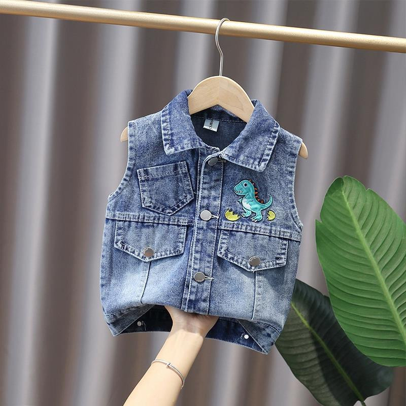 Karikatūra Dinozaurs Veste Bērnu Rudens Apģērbs Novelkams Apkakle Džinsu Veste Toddler Zēns Bērni Pavasara gadījuma kokvilnas hiphopa džinsu veste