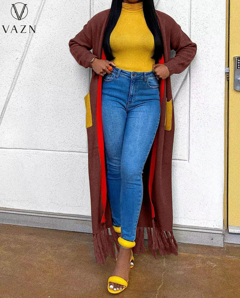 VAZN 2022. Zimski vrhunski pulover od tkanine Jednobojna mlada uredska dama Sweet Open Stitch Punih rukava Ženska uska X-duga gornja odjeća