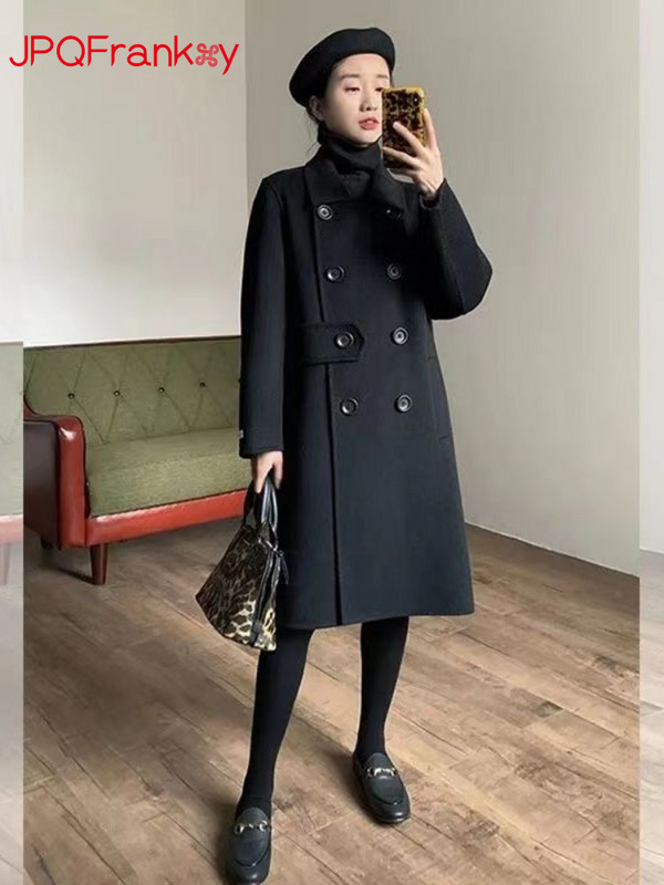 Novi ženski kaput za jesen i zimu 2023. Vrhunski crni jednoredni vuneni kaput s dvostrukim kopčanjem Ženski vuneni kaput srednje dužine