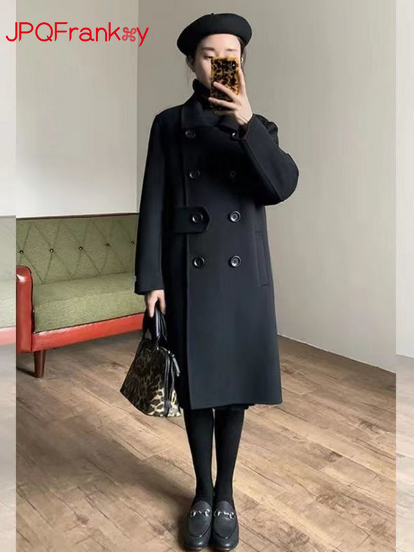 Novi ženski kaput za jesen i zimu 2023. Vrhunski crni jednoredni vuneni kaput s dvostrukim kopčanjem Ženski vuneni kaput srednje dužine