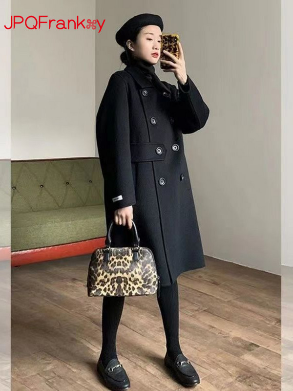 Novi ženski kaput za jesen i zimu 2023. Vrhunski crni jednoredni vuneni kaput s dvostrukim kopčanjem Ženski vuneni kaput srednje dužine