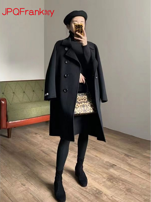 Novi ženski kaput za jesen i zimu 2023. Vrhunski crni jednoredni vuneni kaput s dvostrukim kopčanjem Ženski vuneni kaput srednje dužine