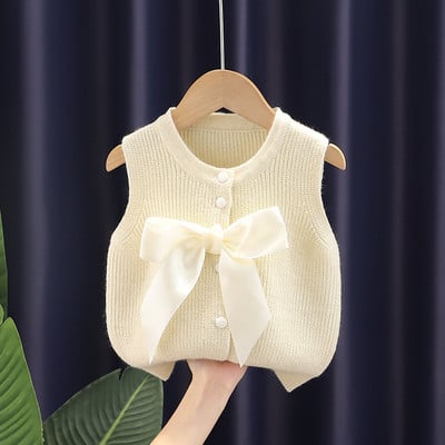 Prsluk Djevojčice Jesenski dječji pulover Dječja odjeća Pletena okrugla kragna Pugmad Mašne Bez rukava Zemljano prugasto Novo