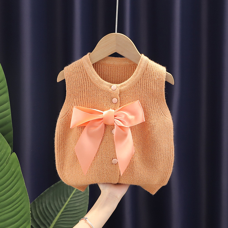 Prsluk Djevojčice Jesenski dječji pulover Dječja odjeća Pletena okrugla kragna Pugmad Mašne Bez rukava Zemljano prugasto Novo