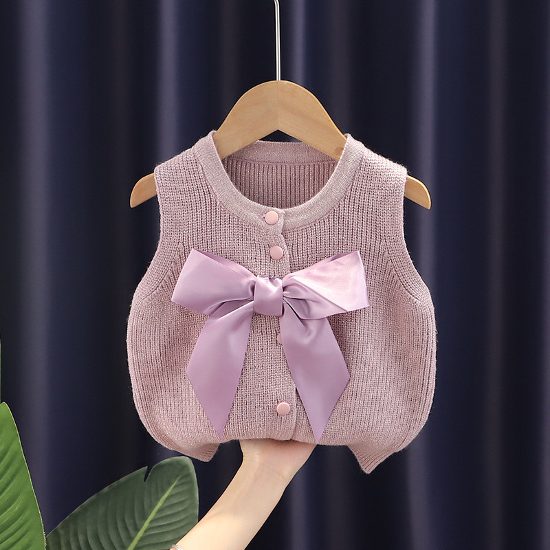 Prsluk Djevojčice Jesenski dječji pulover Dječja odjeća Pletena okrugla kragna Pugmad Mašne Bez rukava Zemljano prugasto Novo