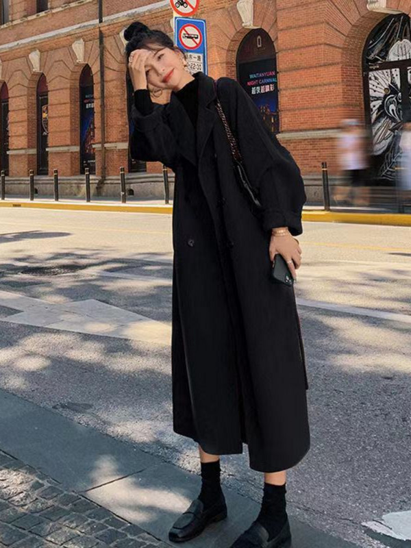 Koreja Žene Proljeće Jesen Crni široki dugi vuneni kaput Jakna Remen Vuneni kardigan s podijeljenim porubom Gornja odjeća 3XL Kaput