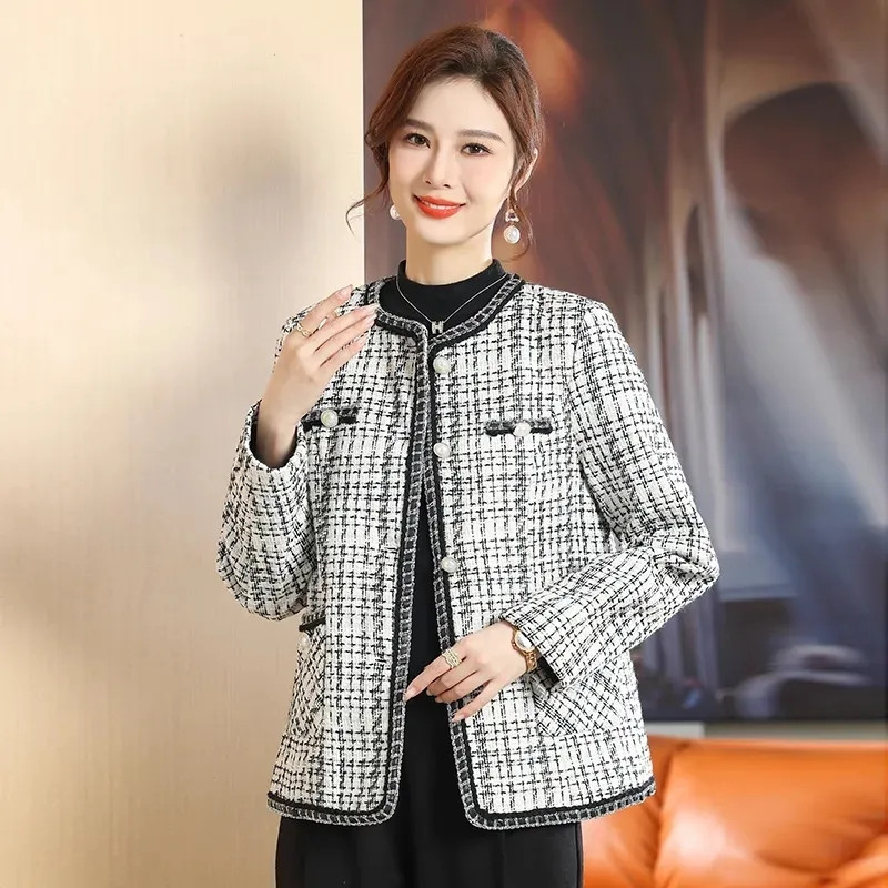 Palton din tweed cu zăbrele de calitate superioară pentru femei, toamnă, nou, scurt, la un singur piept, coreeană, cu mânecă lungă, jachete casual, pardesiu pentru femei, 6XL