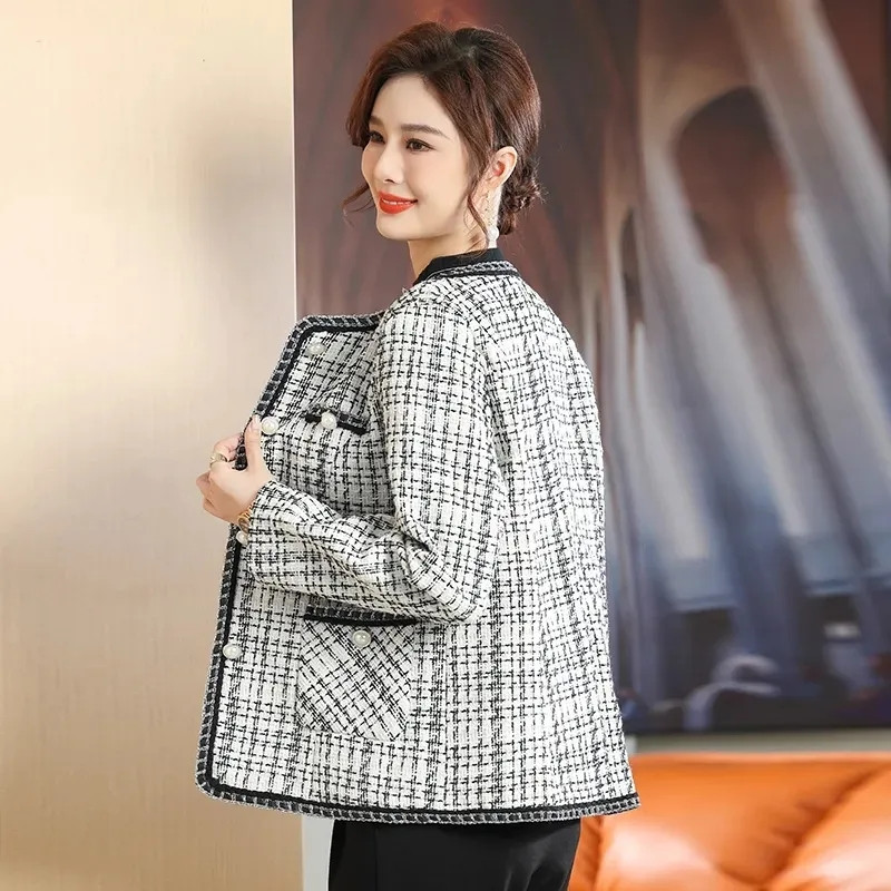 Palton din tweed cu zăbrele de calitate superioară pentru femei, toamnă, nou, scurt, la un singur piept, coreeană, cu mânecă lungă, jachete casual, pardesiu pentru femei, 6XL