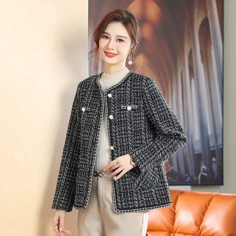 Palton din tweed cu zăbrele de calitate superioară pentru femei, toamnă, nou, scurt, la un singur piept, coreeană, cu mânecă lungă, jachete casual, pardesiu pentru femei, 6XL