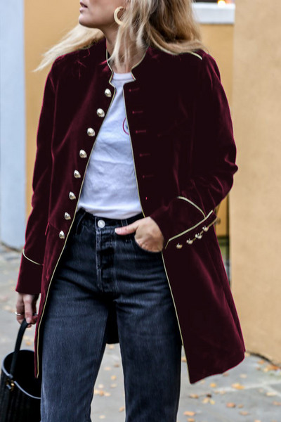 Jachetă nouă de toamnă pentru femei, cu gât în picioare, cu mâneci lungi, elegantă, din catifea, cu mai mulți nasturi, trenci pentru femei