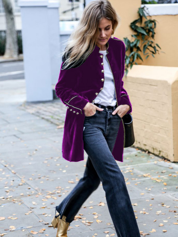 Jachetă nouă de toamnă pentru femei, cu gât în picioare, cu mâneci lungi, elegantă, din catifea, cu mai mulți nasturi, trenci pentru femei