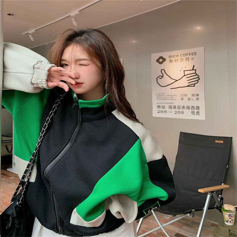 Jachetă de baseball, culoare contrastantă, jachete patchwork pentru femei, toamnă iarnă, noua epocă, ocazională, cu guler scurt, jachetă îngroșată