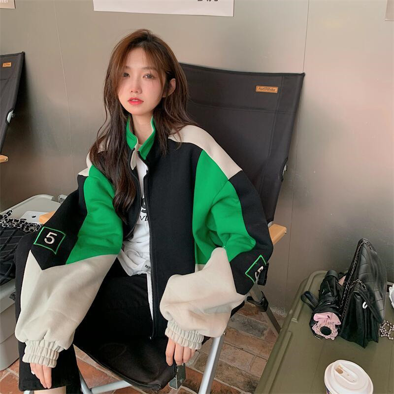 Jachetă de baseball, culoare contrastantă, jachete patchwork pentru femei, toamnă iarnă, noua epocă, ocazională, cu guler scurt, jachetă îngroșată