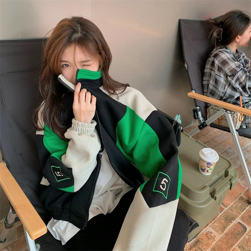 Jachetă de baseball, culoare contrastantă, jachete patchwork pentru femei, toamnă iarnă, noua epocă, ocazională, cu guler scurt, jachetă îngroșată