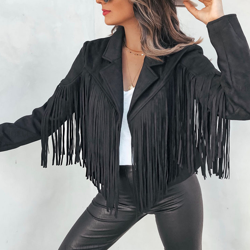 Cardigan din catifea cu ciucuri din piele de căprioară cu franjuri, elegantă, pentru femei