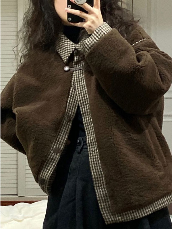 Ženske vintage jakne Zimske janjeće vunene kapute od flisa Smeđa jakna na kopčanje Prevelika, elegantna, ležerna, topla, mekana gornja odjeća