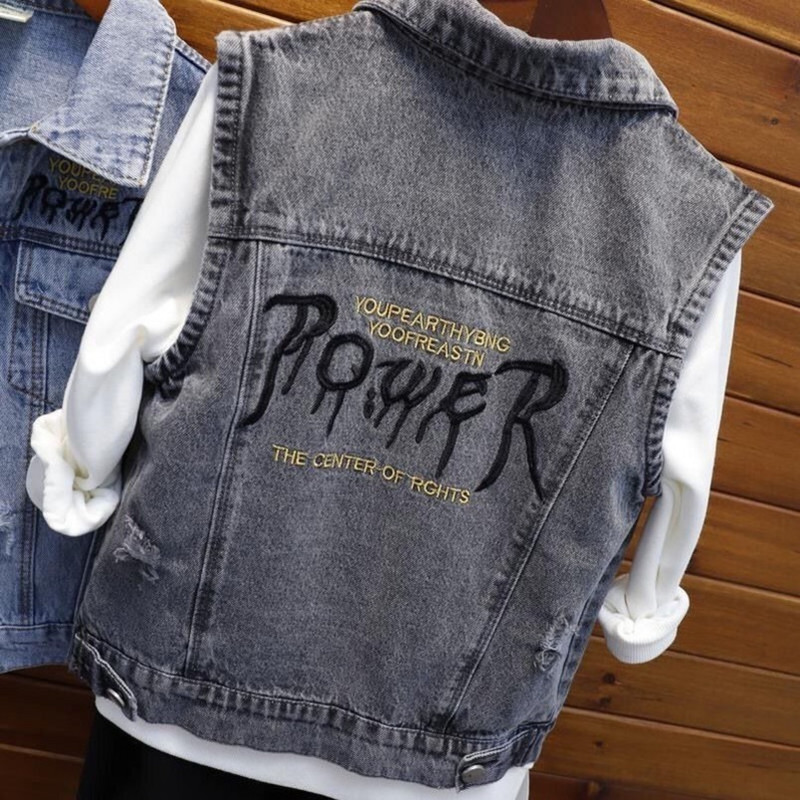 Jachetă la modă, fără mâneci, vestă, toamnă, băiat, pentru copii, îmbrăcăminte de stradă, guler răsucit, blugi gotici, vestă de blugi, hip hop