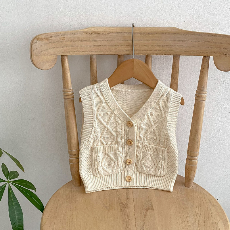 2023 Toamnă Iarnă Copii Boutique Haine Vesta pentru fete Cardigan cu decolteu în V de culoare uni Stil retro tricotat Bumbac fără mâneci