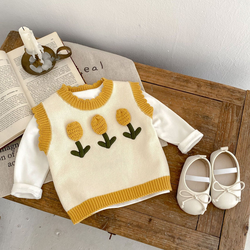 Dječja odjeća za djevojčice Prsluk Jesen 2023 Pleteni slatki trodimenzionalni cvjetni pulover bez rukava Jednobojni ležerni