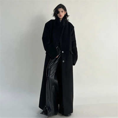 Palton lung negru de lână femeie toamnă iarnă noua culoare solidă rever cu buzunar la un singur piept Top simplu ZM019